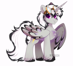 Size: 1837x1660 | Tagged: safe, artist:mirtash, imported from derpibooru, oc, oc only, oc:dark tempest, alicorn, pony, alicorn oc, cute, cute little fangs, fangs, goggles, horn, male, simple background, solo, stallion, watermark, white background