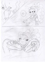 Size: 1280x1762 | Tagged: safe, artist:crock2121, imported from derpibooru, adagio dazzle, dinosaur, equestria girls, comic, deinonychus, female, traditional art