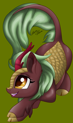 Size: 1969x3297 | Tagged: safe, artist:gleamydreams, imported from derpibooru, cinder glow, summer flare, kirin, pony, cinderbetes, cute, female, green background, kirinbetes, open mouth, profile, simple background, smiling, solo