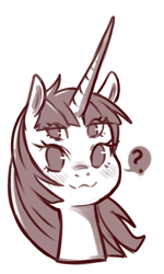 Size: 384x638 | Tagged: safe, artist:cold-blooded-twilight, imported from derpibooru, oc, oc only, oc:fausticorn, alicorn, pony, :3, eye clipping through hair, four eyes, looking at you, monochrome, multiple eyes, no pupils, question mark, solo