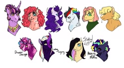 Size: 1280x705 | Tagged: safe, artist:minsona, imported from derpibooru, applejack, fluttershy, pinkie pie, rainbow dash, rarity, twilight sparkle, oc, oc:dappled starlight, oc:lasting legacy, oc:scattered light, earth pony, pegasus, pony, unicorn, alternate design, bust, clothes, female, glasses, hatless, heart eyes, heterochromia, jewelry, kirin hybrid, lesbian, magical lesbian spawn, male, mane six, mare, missing accessory, necklace, next generation, offspring, omniship, parent:applejack, parent:fluttershy, parent:pinkie pie, parent:rainbow dash, parent:rarity, parent:twilight sparkle, parents:flutterdash, parents:pinkiedash, parents:rarilight, parents:twinkie, polyamory, shipping, simple background, stallion, straw in mouth, sweater, sweatershy, tongue out, white background, wingding eyes