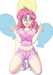 Size: 1000x1400 | Tagged: safe, artist:feudal-fiction, imported from derpibooru, pinkie pie, human, belly button, big breasts, breasts, busty pinkie pie, clothes, converse, cutie mark, cutie mark background, double peace sign, female, humanized, midriff, open mouth, pants, peace sign, shoes, shorts, simple background, socks, solo, white background