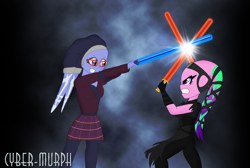 Size: 3000x2016 | Tagged: safe, artist:cyber-murph, imported from derpibooru, aria blaze, sugarcoat, twi'lek, equestria girls, commission, crossover, glasses, headgear, jedi, lightsaber, signature, sith, species swap, star wars, weapon