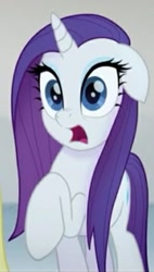 Size: 299x528 | Tagged: safe, imported from derpibooru, screencap, rarity, pony, unicorn, my little pony: the movie, cropped, female, floppy ears, frown, long hair, looking at you, mare, open mouth, raised hoof, shocked, shocked expression, solo focus, wet, wet mane, wet mane rarity, wide eyes