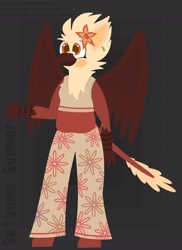 Size: 2974x4096 | Tagged: safe, artist:xeiier, artist:xeller, imported from derpibooru, oc, oc only, oc:satsuma summer, anthro, griffon, full body, fullbody, hippie, present, solo