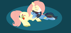 Size: 1224x582 | Tagged: safe, artist:vitotie, imported from derpibooru, oc, oc:chell, oc:woody shy, pony, base used, cuddling, cutie mark, duo, female, male, oc x oc, offspring, offspring shipping, parent:big macintosh, parent:fluttershy, parent:rainbow dash, parent:soarin', parents:fluttermac, parents:soarindash, shipping, straight