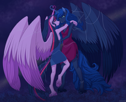 Size: 2612x2124 | Tagged: safe, artist:j3r1k0, derpibooru exclusive, imported from derpibooru, princess luna, twilight sparkle, alicorn, anthro, unguligrade anthro, armpits, clothes, cloven hooves, colored wings, cutie mark, dancing, dress, ethereal mane, eye contact, female, glowing horn, heart, horn, jewelry, large wings, lesbian, long hair, long mane, long tail, looking at each other, magic, magic aura, mare, miniskirt, multicolored wings, raised leg, shipping, side slit, skirt, space, starry mane, twilight sparkle (alicorn), twiluna, underhoof, unshorn fetlocks, wings