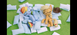 Size: 2436x1125 | Tagged: safe, imported from derpibooru, screencap, applejack, rainbow dash, earth pony, pegasus, pony, my little pony: pony life, my little pony: stop motion short, pillow fight (short), applejack's hat, cowboy hat, female, g4.5, hat, mare, pillow, sleeping, stop motion