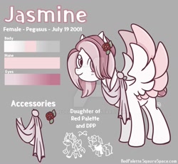 Size: 1280x1184 | Tagged: safe, artist:redpalette, imported from derpibooru, oc, oc only, pegasus, pony, clothes, cute, female, flower, mare, offspring, parents:oc x oc, pink, reference sheet, rose, scarf