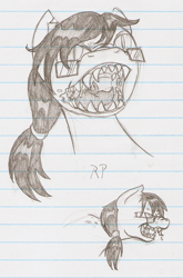 Size: 516x780 | Tagged: safe, artist:ravenpuff, imported from derpibooru, oc, oc only, oc:harpoon, kelpie, bust, fangs, glasses, lined paper, male, mawshot, open mouth, sharp teeth, teeth, traditional art