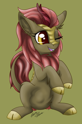 Size: 2006x3038 | Tagged: safe, artist:gleamydreams, imported from derpibooru, maple brown, kirin, pony, background kirin, cloven hooves, cute, female, kirinbetes, one eye closed, open mouth, red hair, smiling, solo, wink