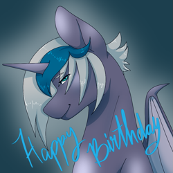 Size: 951x951 | Tagged: safe, artist:blacksky1113, artist:snows-undercover, imported from derpibooru, oc, oc only, oc:elizabat stormfeather, alicorn, bat pony, bat pony alicorn, pony, alicorn oc, bat pony oc, bedroom eyes, birthday gift, cute, female, horn, mare, smiling, solo
