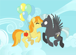 Size: 2497x1809 | Tagged: safe, artist:soarindash10, imported from derpibooru, braeburn, thunderlane, earth pony, pegasus, pony, balloon, base used, crack shipping, eyes closed, floating, flying, gay, kiss on the lips, kissing, male, mid-air, shipping, sky, stallion, thunderburn