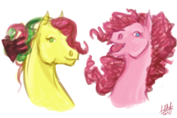 Size: 450x300 | Tagged: safe, artist:sdlhf, imported from derpibooru, kiwi tart, pinkie pie, earth pony, pony, bust, cousins, duo, female, g3, g3 to g4, g4, generation leap, headcanon, hoers, mare, realistic