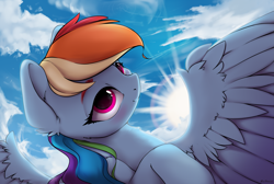 Size: 3701x2483 | Tagged: safe, alternate version, artist:hitbass, imported from derpibooru, rainbow dash, pegasus, pony, backlighting, cheek fluff, chest fluff, cloud, crepuscular rays, cute, dashabetes, ear fluff, female, high res, leg fluff, looking at you, mare, smiling, solo, spread wings, sun, wing fluff, wings