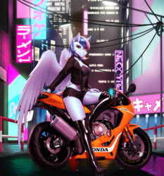 Size: 3077x3300 | Tagged: safe, artist:mykegreywolf, imported from derpibooru, oc, oc only, oc:chrysocolla dawn, anthro, pegasus, anthro oc, boots, city, clothes, commission, cyberpunk, digital art, female, high res, honda, jacket, light, looking at you, mare, midriff, motorcycle, shoes, shorts, solo, thigh boots