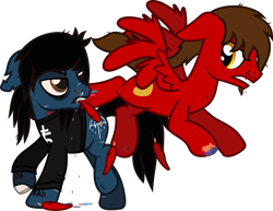 Size: 1281x990 | Tagged: safe, artist:lightningbolt, derpibooru exclusive, imported from derpibooru, oc, oc:chip, earth pony, pegasus, pony, undead, zombie, zombie pony, .svg available, angry, art trade, blood, bloodshot eyes, bone, bring me the horizon, clothes, colored pupils, dripping blood, drop dead clothing, duo, ears back, facial hair, fangs, feather, fight, floppy ears, flying, kicking, lidded eyes, lip piercing, long sleeves, looking at each other, male, nosebleed, oliver sykes, piercing, ponified, rainbow blood, scar, shirt, show accurate, simple background, stallion, stitches, svg, tattered, tattered wings, tattoo, transparent background, vector, wings