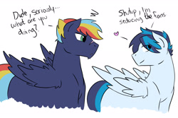Size: 3000x2000 | Tagged: safe, artist:crimsoncat68, imported from derpibooru, oc, oc only, oc:icy storm, oc:prism bolt, pegasus, pony, kilalaverse, brothers, duo, heart, male, missing cutie mark, offspring, older, parent:rainbow dash, parent:soarin', parents:soarindash, siblings, simple background, stallion, white background