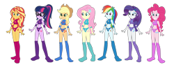 Size: 4819x1841 | Tagged: safe, artist:invisibleink, edit, imported from derpibooru, applejack, fluttershy, pinkie pie, rainbow dash, rarity, sci-twi, sunset shimmer, twilight sparkle, equestria girls, belly button, boots, clothes, commission, cutie mark, cutie mark on clothes, cutie mark on equestria girl, cutie mark tattoo, elbow pads, female, group, humane five, humane seven, humane six, knee pads, shoes, simple background, sports, sports bra, sports panties, sports shorts, transparent background, vector, wrestler, wrestling