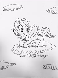 Size: 2838x3809 | Tagged: safe, artist:debmervin, imported from derpibooru, rainbow dash, pegasus, pony, cloud, female, grooming, monochrome, preening, solo, traditional art, wings