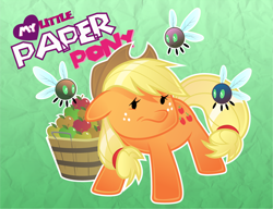 Size: 1280x984 | Tagged: safe, artist:silentazrael, imported from derpibooru, applejack, earth pony, parasprite, pony, apple, beady eyes, bucket, cowboy hat, cute, female, floppy ears, food, hat, jackabetes, mare, paper pony, solo