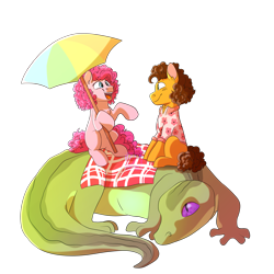 Size: 3000x3000 | Tagged: safe, artist:glitterstar2000, imported from derpibooru, cheese sandwich, gummy, pinkie pie, alligator, earth pony, pony, cheesepie, clothes, date, female, hoof hold, macro, male, missing cutie mark, older gummy, picnic blanket, ponies riding gators, riding, shipping, shirt, simple background, straight, transparent background, umbrella