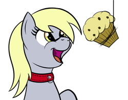 Size: 876x685 | Tagged: safe, artist:trash anon, imported from derpibooru, derpy hooves, pony, collar, eyes on the prize, female, food, happy, muffin, open mouth, simple background, smiling, solo, white background, yellow eyes