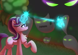 Size: 2267x1596 | Tagged: safe, artist:puetsua, imported from derpibooru, starlight glimmer, ghost, pony, undead, unicorn, chest fluff, context in description, dark dream, female, glowing horn, horn, lidded eyes, magic, mare, raised hoof, shooting, tree, video game