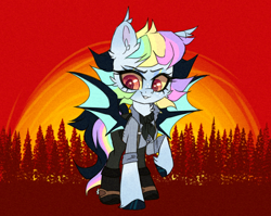 Size: 3318x2646 | Tagged: safe, artist:_spacemonkeyz_, imported from derpibooru, oc, oc only, oc:pidge, bat pony, pony, clothes, female, mare, pants, shirt, solo, sunset, tree