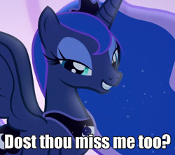 Size: 811x719 | Tagged: safe, edit, edited screencap, imported from derpibooru, screencap, princess luna, alicorn, pony, to where and back again, bronybait, caption, cropped, female, image macro, looking at you, mare, meme, smiling, solo, text