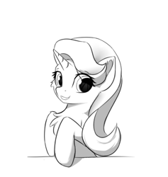 Size: 405x428 | Tagged: safe, artist:d.w.h.cn, imported from derpibooru, starlight glimmer, pony, unicorn, chest fluff, female, mare, monochrome, simple background, smiling, solo, white background