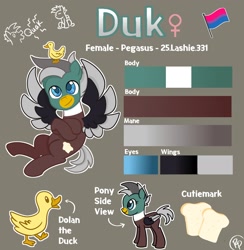 Size: 1995x2048 | Tagged: safe, artist:redpalette, imported from derpibooru, oc, oc only, oc:duk, bird, duck, pegasus, pony, bill, bisexual pride flag, blue eyes, brown body, cute, female, pride, pride flag, reference sheet