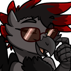 Size: 3200x3200 | Tagged: safe, artist:modularpon, imported from derpibooru, oc, oc only, oc:scorp1.0, oc:scorpio, griffon, commission, eyebrows visible through hair, glasses, icon, male, one eye closed, open mouth, red and black oc, simple background, solo, sunglasses, talons, transparent background, wink, winking at you