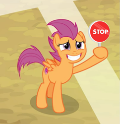 Size: 529x546 | Tagged: safe, edit, edited screencap, imported from derpibooru, screencap, scootaloo, pegasus, pony, growing up is hard to do, cropped, female, grin, hoof hold, hooves, mare, older, older scootaloo, smiling, solo, spread wings, stop sign, windswept mane, wings