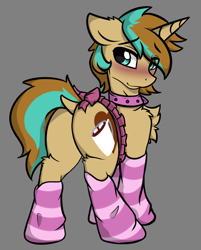 Size: 2352x2928 | Tagged: safe, artist:arjinmoon, derpibooru exclusive, edit, imported from derpibooru, oc, oc only, oc:demi, pony, unicorn, aqua eyes, blushing, bow, butt, chest fluff, clothes, collar, crossdressing, cute, cutie mark, dock, embarrassed, femboy, fluffy, girly, looking at you, looking back, looking back at you, loose socks, male, micro skirt, microskirt, miniskirt, pink socks, pleated skirt, plot, rear view, sfw edit, simple background, skirt, smiling, socks, solo, stallion, standing, striped socks, tail aside, tail bow