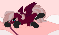 Size: 1332x796 | Tagged: safe, artist:little-sketches, artist:php146, edit, imported from derpibooru, oc, oc only, oc:burgundy fang, bat pony, pony, bat pony oc, bed, bedroom eyes, clothes, cute, female, fluffy, frilly socks, leash, looking at you, mare, on bed, socks, solo