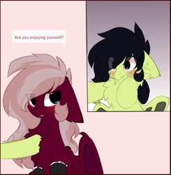 Size: 984x1005 | Tagged: safe, artist:little-sketches, artist:php146, imported from derpibooru, oc, oc only, oc:burgundy fang, oc:maple, bat pony, annoyed, bat pony oc, blushing, chest fluff, clothes, cute, fluffy, frilly socks, nervous, panel, rubbing, socks, sweat, sweating bullets, sweating profusely, text, text bubbles