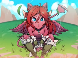 Size: 2000x1483 | Tagged: safe, artist:mfus, imported from derpibooru, oc, oc only, oc:seraphic crimson, anthro, blue eyes, femboy, field, looking at you, male, outdoors, red hair, sitting, solo, wakfu, wings