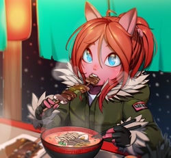 Size: 2000x1845 | Tagged: safe, artist:mfus, imported from derpibooru, oc, oc only, oc:seraphic crimson, anthro, chopsticks, clothes, eating, femboy, food, jacket, kebab, male, meat, noodles, outdoors, ponies eating meat, ponytail, ramen, red hair, shishkebab, skewer, solo