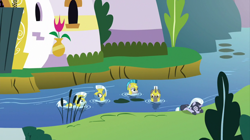 Size: 2000x1121 | Tagged: safe, imported from derpibooru, screencap, silver sable, windstorm, pegasus, pony, unicorn, season 9, the ending of the end, spoiler:s09, armor, cattails, female, guardsmare, helmet, hoof shoes, male, mare, moat, reeds, royal guard, royal guard armor, stallion, tail wrap, unicorn royal guard