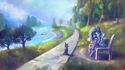 Size: 1921x1080 | Tagged: safe, artist:stdeadra, imported from derpibooru, oc, oc:kyradeen, bird, cat, deer, earth pony, pony, swan, bench, clothes, grass, park, river, scarf, scenery, sky, tree, water