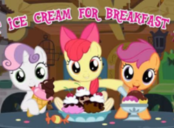 Size: 482x355 | Tagged: safe, imported from derpibooru, apple bloom, scootaloo, sweetie belle, earth pony, pegasus, pony, unicorn, adorabloom, breakfast, cute, cutealoo, cutie mark crusaders, dessert, diasweetes, female, filly, food, gameloft, ice cream, looking at you, meme, ribbon, table, text, this will end in weight gain, tongue out, wow! glimmer