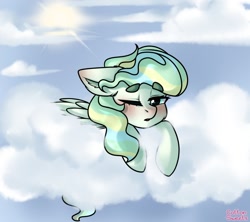 Size: 1350x1200 | Tagged: safe, artist:cottonsweets, imported from derpibooru, vapor trail, pegasus, pony, blushing, cheek fluff, cloud, cute, ear fluff, female, floppy ears, looking at you, mare, on a cloud, one eye closed, open mouth, prone, sky, solo, sun, vaporbetes