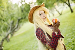 Size: 1600x1066 | Tagged: safe, artist:bizzare deer, imported from derpibooru, applejack, human, apple, clothes, cosplay, costume, cowboy hat, female, food, hat, irl, irl human, photo, shirt, stetson, wig