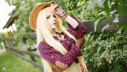 Size: 1600x900 | Tagged: safe, artist:bizzare deer, imported from derpibooru, applejack, human, clothes, cosplay, costume, cowboy hat, cowboy vest, female, gloves, hat, irl, irl human, photo, shirt, stetson, wig