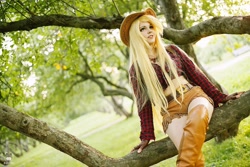 Size: 1600x1066 | Tagged: safe, artist:bizzare deer, imported from derpibooru, applejack, human, boots, clothes, cosplay, costume, cowboy boots, cowboy hat, female, gloves, hat, irl, irl human, photo, shirt, shoes, shorts, stetson, wig