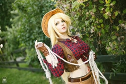 Size: 1600x1066 | Tagged: safe, artist:bizzare deer, imported from derpibooru, applejack, human, clothes, cosplay, costume, cowboy hat, cowboy vest, female, gloves, hat, irl, irl human, photo, rope, shirt, shorts, stetson, wig