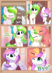 Size: 800x1132 | Tagged: safe, artist:alphadesu, imported from derpibooru, oc, oc only, oc:minty root, oc:snow kicker, pegasus, pony, unicorn, comic:sisterly love, bag, book, bow, comic, ear fluff, eyes closed, female, glowing horn, gritted teeth, hair bow, hooves, horn, levitation, magic, mare, one eye closed, open mouth, saddle bag, sitting, smiling, spread wings, standing, telekinesis, wings