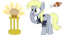 Size: 3581x2039 | Tagged: safe, artist:anime-equestria, imported from derpibooru, derpy hooves, pegasus, pony, american football, clothes, cute, derpabetes, female, food, football, happy, mare, muffin, shiny, shirt, simple background, solo, sports, transparent background, trophy, vector, wings