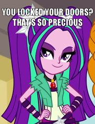 Size: 500x650 | Tagged: safe, edit, edited screencap, imported from derpibooru, screencap, adagio dazzle, aria blaze, equestria girls, rainbow rocks, breaking and entering, caption, clothes, cropped, female, gem, image macro, lockpicking, looking at you, meme, offscreen character, pigtails, siren gem, smiling, smirk, solo focus, stalker, text, twintails